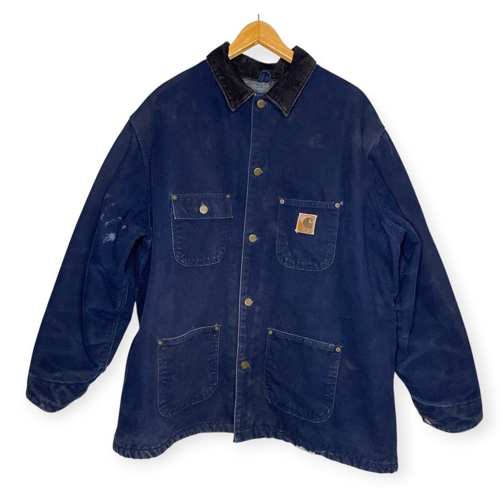 Carhartt Blanket Lined Chore Coat Corduroy Collar Mens XL Navy Blue CO2 MDT